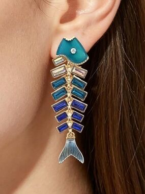 Ocean Blue Fishbone Statement Earrings Coastal Chic